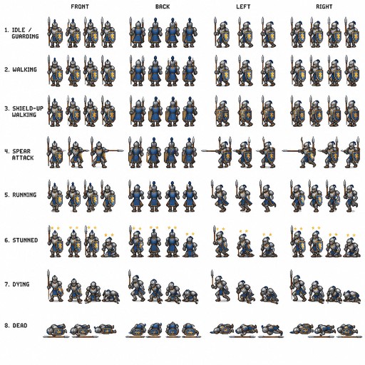 Pixel art sprite sheet, 2D top-down RPG character asset, a medieval knight warrior, 4-way directional views (front, back, left, right). Complete animation frames arranged in a neat grid grid on a solid isolated white background. Clean line art, 16-bit color palette. Including following states: 1. Idle/Guarding stand, 2. Walking, 3. Shield-up defensive walking, 4. Spear thrusting attack, 5. Running, 6. Fainting/Stunned, 7. Dying and dead on the ground. Consistent character design across all frames, game development asset, retro aesthetic, high quality.