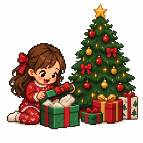 Little girl opening Christmas gifts next to a Christmas tree. White background 
