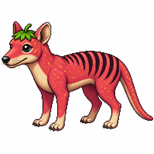 Cartoon strawberry thylacine, full body, white background