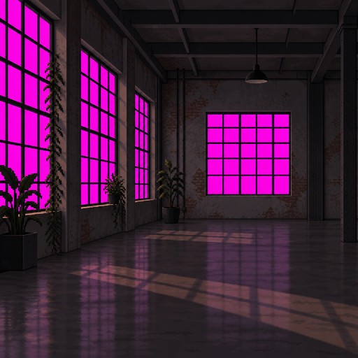 Pixel art of a dark hallway with glowing magenta grid windows and potted plants.
