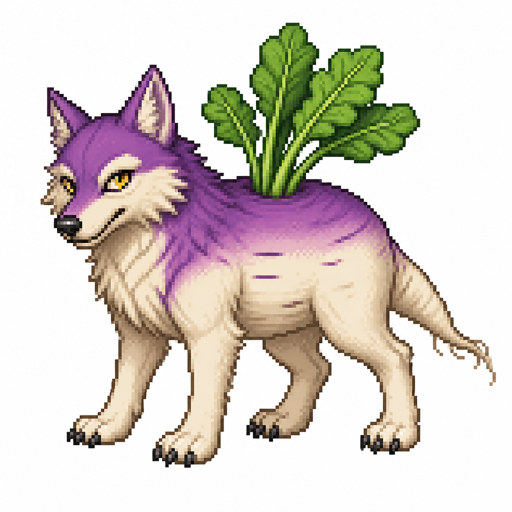 Cartoon turnip wolf (quadruped), full body, white background