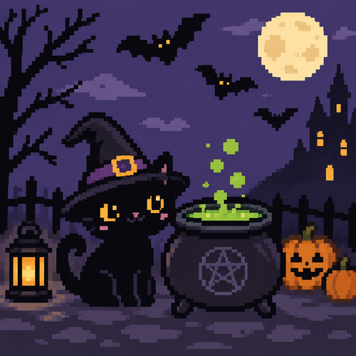 Cue kawaii black cat next to a witch cauldron. Black bats flying above 
