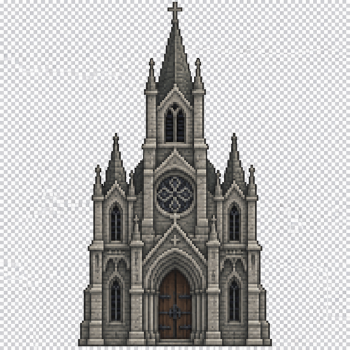 Can you generate me a fantasy style medieval 64x64 pixeled church style building in a front view on a completely transparent background. I want the building to be fully stone and be tall and have and old church look