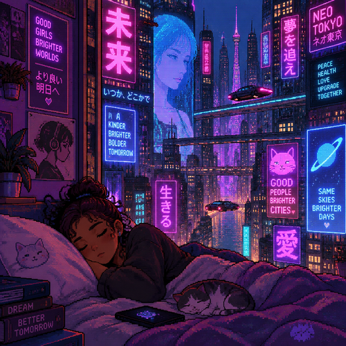 Young brown girl sleeps underneath dozens of neon signs in a futuristic city