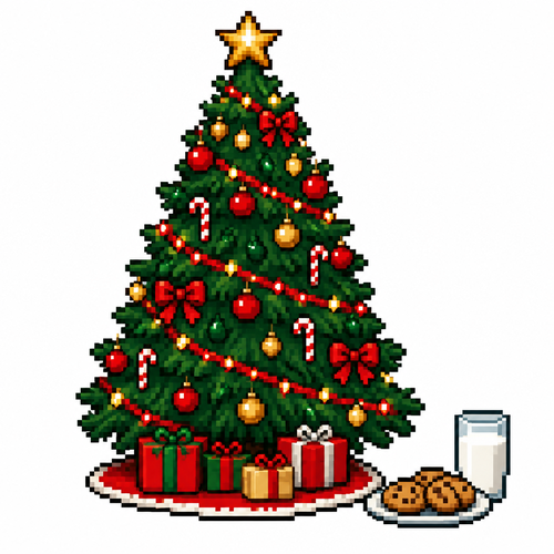 High contrast image on a white background of a decorated sams tree with milk and cookies to the side of it 