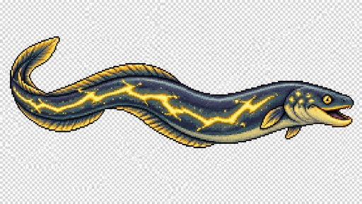 Create a 2D pixel art sprite of an electric eel for a cozy fishing game.
Style: retro pixel art, crisp edges, transparent background, side view, facing right.
Design: long eel body, yellow-gold electric accents, subtle lightning-like pattern, smooth readable silhouette.
Cute-game style but still special and recognizable.
No text, no frame, no background scenery, no UI.
Transparent background only.