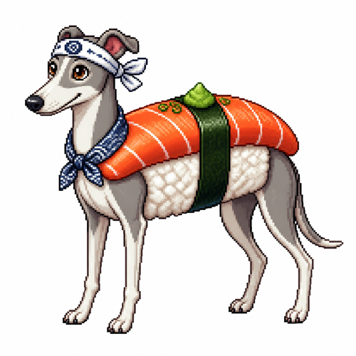Cartoon sushi greyhound, full body, white background