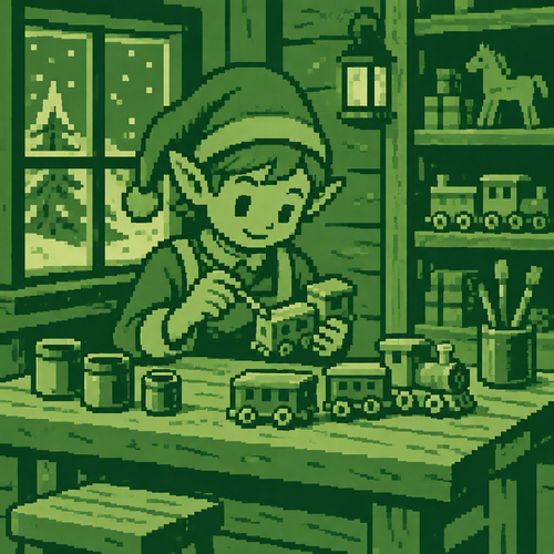 An elf painting wooden toy trains at a workbench. 