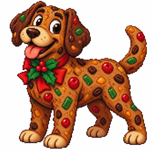 Cartoon fruitcake dog, full body, white background