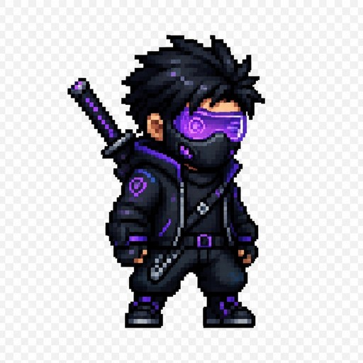 Pixel art person in dark ninja armor with purple visor and sword.