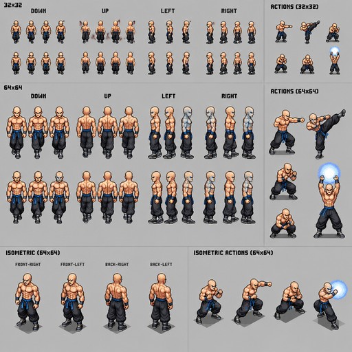 Full-body sprite sheet of a 32-bit anime RPG character, DBZ style, BYOND Generation New Order aesthetic. A white human male, completely bald, shirtless, highly muscular with chiseled 6-pack abs, wide shoulders, and defined pectorals. Character is wearing dark loose-fitting martial arts pants with a fabric belt sash. Crisp pixel art, clean 32x32 and 64x64 grid layout, distinct color palette, sharp anti-aliased shading, solid dark outlines on background. Orthographic view, character design sheet, video game assets on a solid flat isolated light grey background, no dithering, perfect grid layout.
