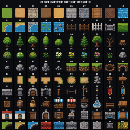 You generate me an entire 2d pixel environment asset sheet consisting of 100 evenly spaced path, grass, water, trees, fences, dirt paths, rocks, stones, etc to create an entire town. Have them be very clean and crisp lines and smooth  