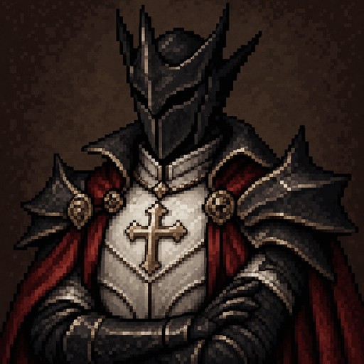 Pixel art armored figure in a horned helmet and red cape, holding a sword.
