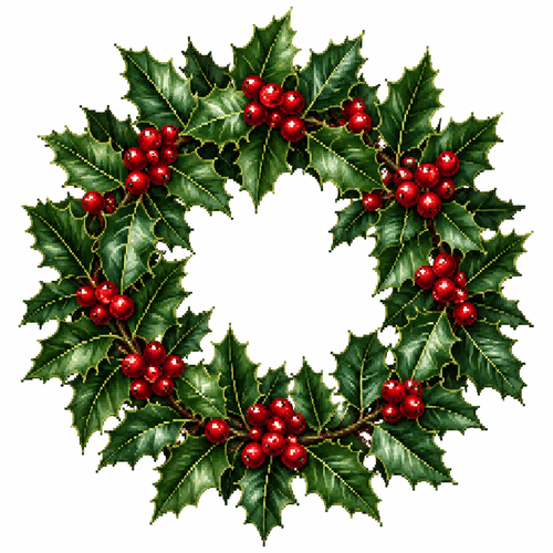High contrast image on a white background. Realistic holly wreath serrated leaves and clustered glossy berries 
