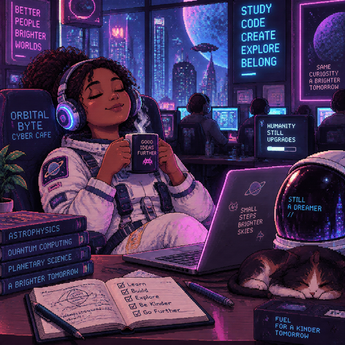 An young girl astronaut with brown skin relaxing with a coffee with eyes closed after studying in a cyber cafe