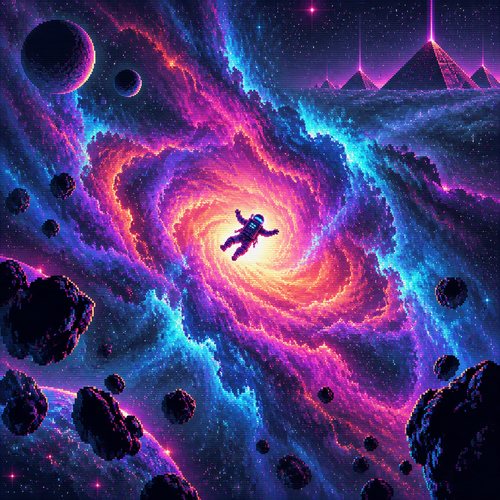 Seen from a distance, an astronaut is falling into a huge colorful nebula. Center the astronaut in the nebula. Pyramids are in the distance 