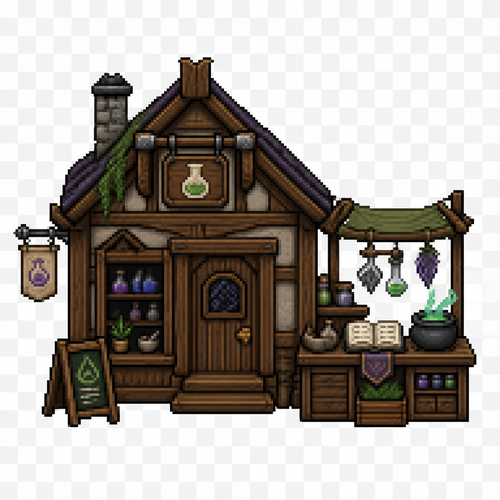 Can you generate me a fantasy style medieval 64x64 pixeled alchemist shop front view on a completely transparent background. I want the store to be wooden with small wooden details, as well as have an attached alchemy table and ingredient section on the side of it. 