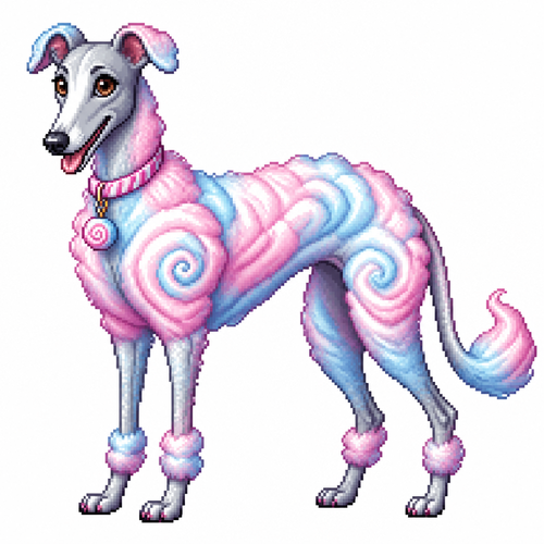 Cartoon cotton candy greyhound, full body, white background