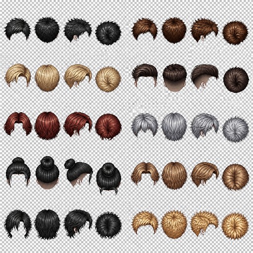 Create a pixel art hairstyle reference sprite sheet for a male 2D game character. Ten different realistic male hairstyles, each shown in four views: front view, back view, side view, and top-down view. Total: 16 hairstyle images arranged on one sheet.

Style: clean detailed pixel art for a character customization system. Transparent background. Hair only — no face, no head, no body, no neck. Designed as hairstyle overlays for a bald male base character sprite.

For each hairstyle create four matching views:

1. Front view.
2. Back view.
3. Side view.
4. Top-down view (bird’s-eye view for a top-down RPG character sprite).

Keep the exact same hairstyle design, length, color, and proportions across all 10 views. Maintain consistent alignment for use as interchangeable character customization assets.

Arrange all sprites in a clean grid layout. Pixel-perfect alignment. Transparent background. No text. No labels. No extra objects.

Game asset sprite sheet. Each image: 64×64 pixels. Designed to fit a 64×96 pixel male character base model.