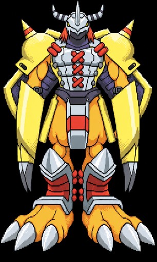 Pixel art armored robot with yellow wings, red accents, and clawed feet.