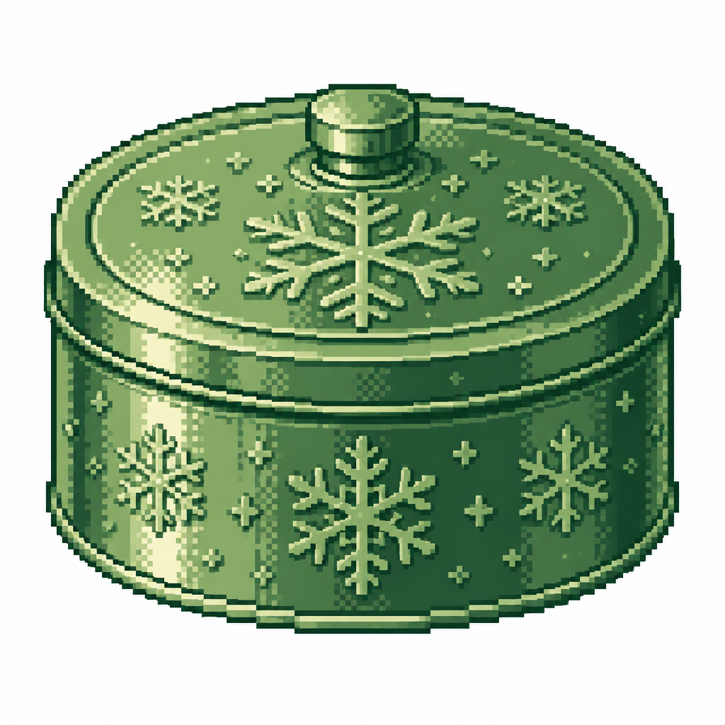 White background. A lidded Christmas biscuit tin with embossed snowflakes and realistic metal texture.