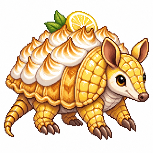 Cartoon lemon meringue pie armadillo, full body, white background