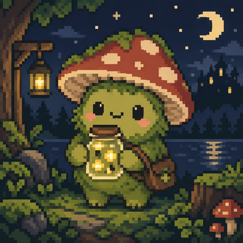 Cute Kawaii, mossy creature wearing a mushroom cap and holding a firefly jar