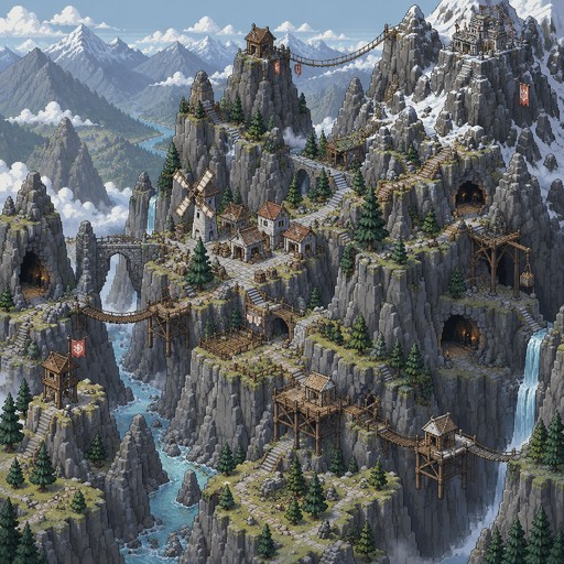 isometric pixel art of a mountain region with lots of crags and mountains, lots of differences in elevation, overall getting higher at the top right, small mountain settlement with a windmill, stilt structures built and rope bridges connecting a few of the peaks, entrances to a few caves,