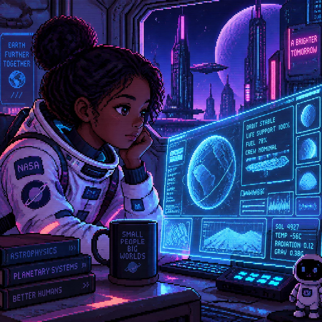 A young girl astronaut with dark skin watches holographic readouts from a computer