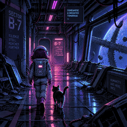 Young girl astronaut walks alone with a cat on an abandoned space station 