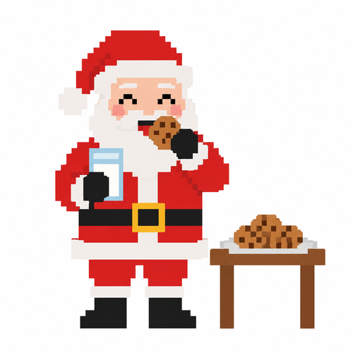 Flat image. Simple shapes of Santa eating milk and cookies. White background 