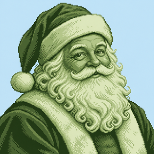 A realistic Santa head-and-shoulders portrait with detailed beard curls and velvet clothing. Use grayscale only with clearly readable light, middle, and dark tone areas. Light blue plain background 