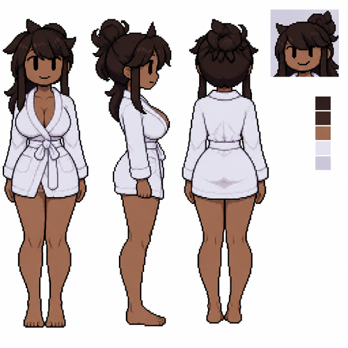 Jaiden animations but with the clothes and hair of the character bata baño ajustada, full body front perspective de lado piel morena