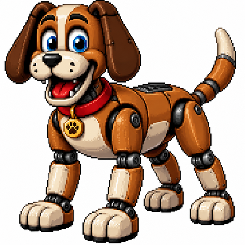 Cartoon animatronic dog (quadruped), full body, white background