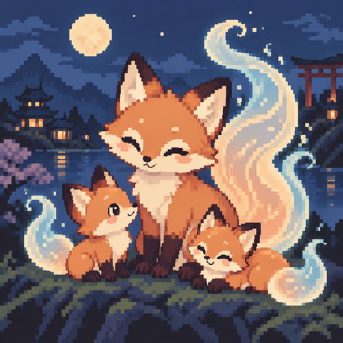 Cute Kawaii fox and two kits with translucent tails curling into wisps
