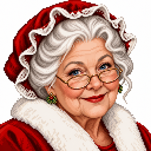 High contrast image on a white background of realistic Mrs Clause. Close up