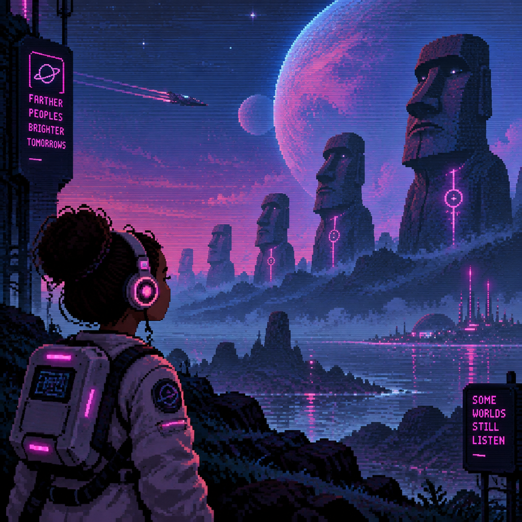 Please show a young astronaut girl with brown skin and headphones looking up at alien statues similar to Easter Island Moai seen frim a distance