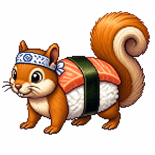 Cartoon sushi squirrel (quadruped), full body, white background