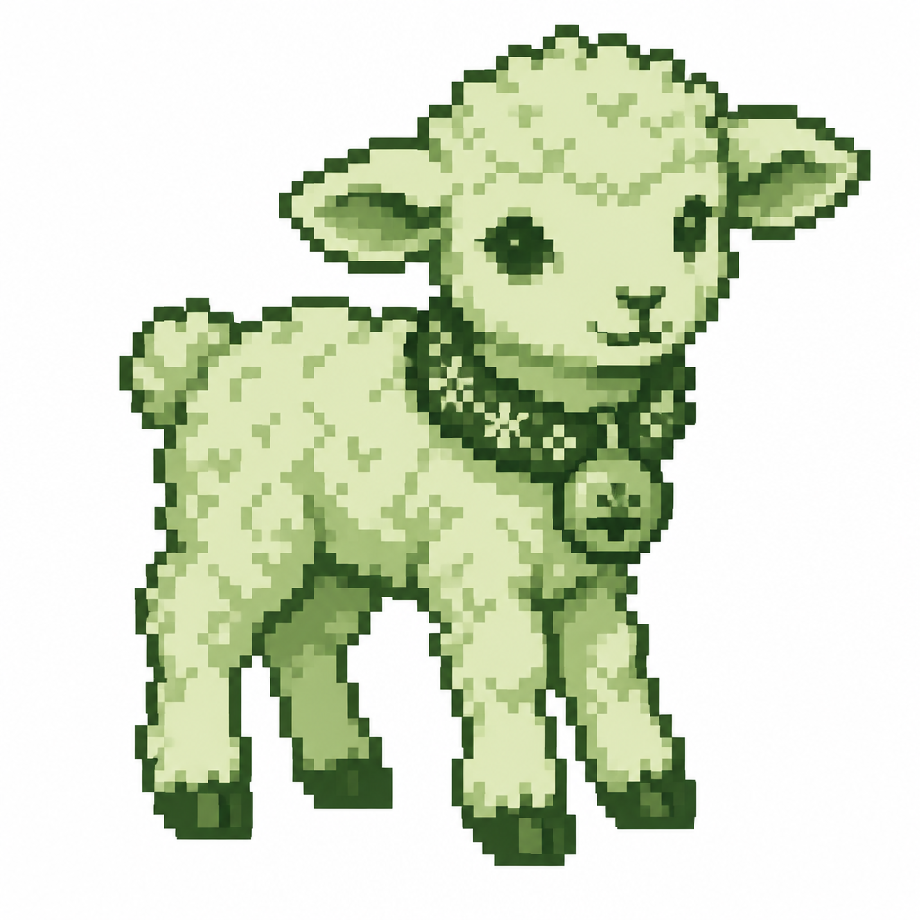 A lamb wearing a woven Christmas collar with one engraved bell. White background.