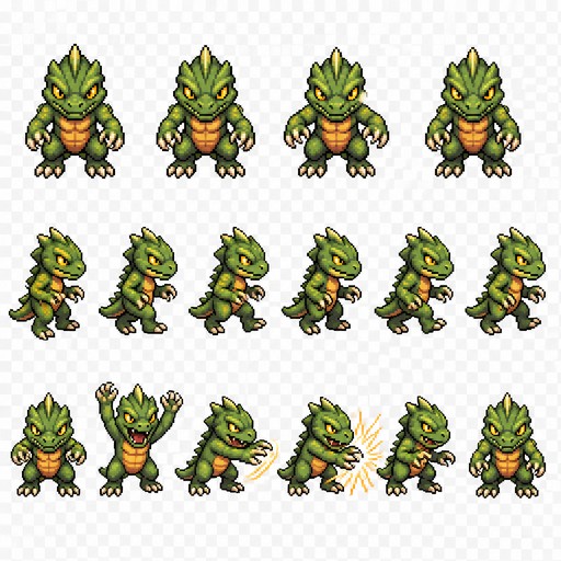 Create a 2D pixel art NPC sprite sheet of a Lizard enemy character.

Character:
- A fantasy Lizard creature NPC
- Top-down view (camera looking from above)
- Full body visible
- Cute but slightly dangerous game enemy design
- Detailed pixel art style
- Clean pixel edges, no anti-aliasing
- Suitable for a 2D RPG / adventure game
- Character size: 64x64 pixels per frame

Sprite sheet animation:
Create a single sprite sheet with multiple animation frames, each frame exactly 64x64 pixels.

Animations required:

1. Idle / Front Facing:
- Biped Lizard standing still facing the camera/top-down player view
- Neutral pose
- Claws slightly open
- 2-4 idle frames with subtle movement:
  - body bobbing
  - claws moving slightly
  - small leg movement

2. Side Step Movement:
- biped lizard moving sideways
- Walking animation cycle
- 4-6 frames:
  - legs alternating movement
  - body shifting left/right
  - claws balancing during movement
  - smooth walking loop

3. Attack Animation:
- Biped Lizard attacking by snapping its claws
- 5-6 frames:
  - claws opening wide
  - aggressive pose
  - claws quickly closing with impact
  - small motion effect pixels around claws
  - return to idle stance

Visual style:
- 16-bit / 32-bit classic video game pixel art
- High quality game sprite
- Clear silhouette
- Consistent proportions across all frames
- Transparent background
- No shadows outside the character
- No environment
- No text
- No UI elements

Composition:
- Arrange all animation frames in a clean sprite sheet grid
- Equal spacing between frames
- Same character scale and position in every frame
- Ready to import into a 2D game engine