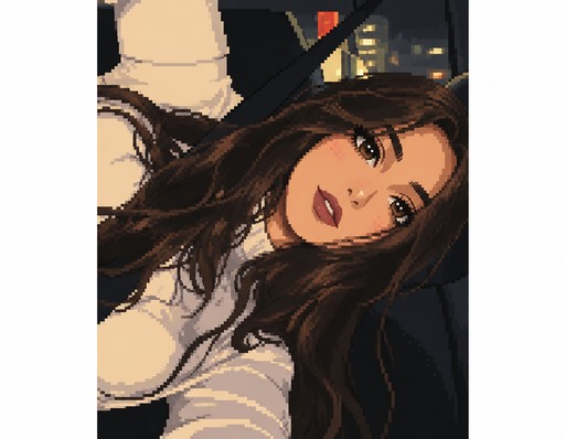 Pixel art portrait of a person with long dark hair reclining in a car at night.