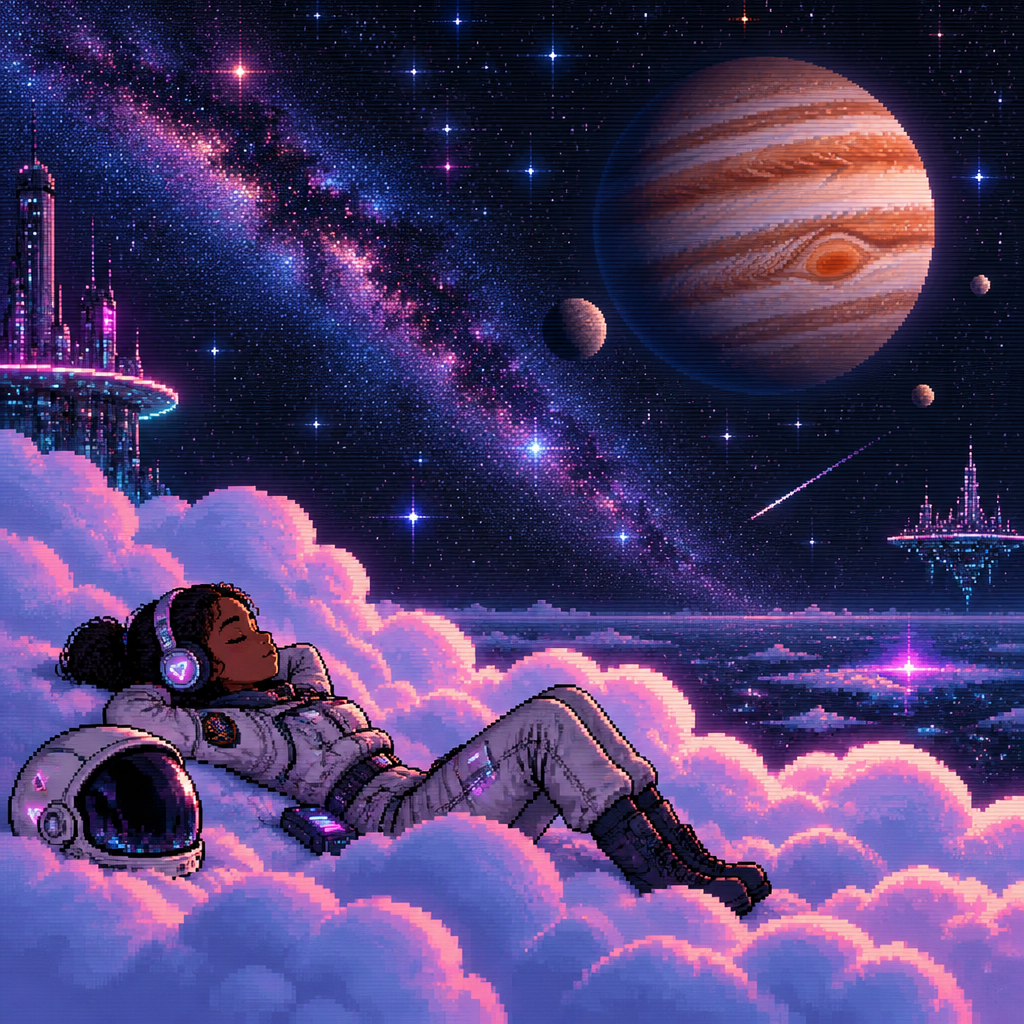 Seen from a distance a young teen girl astronaut with brown skin and headphones and helmet off lays down on fluffy clouds at night. Many stars and Jupiter are in background. Her eyes are closed