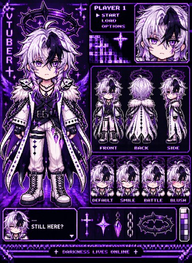 Purple pixel art character card with anime figure, portraits, stats, and decorative graphics.