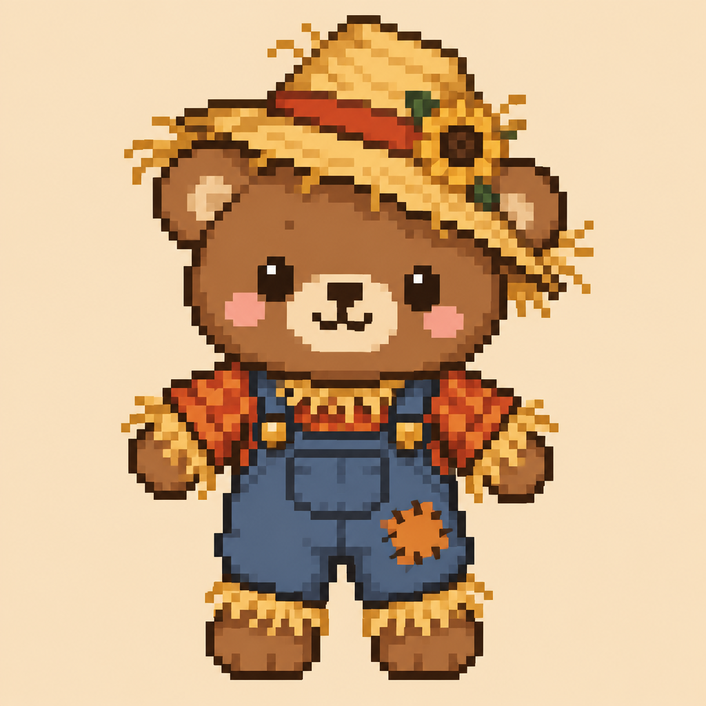 Cute kawaii teddy bear dressed in a scarecrow costume. Plain back ground