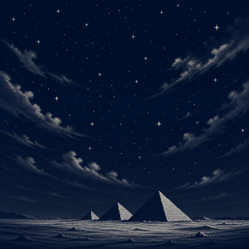 soft painterly illustration, deep night over pyramid silhouettes on a flat desert plain,
strictly limited color palette (2-3 tones maximum): midnight blue and bone white only, no
other hues, a wide starfield with drifting clouds, no water, empty of people and animals,
vast open negative space in the sky, no text