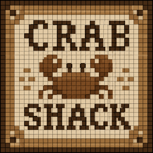 32x32 sign that says Crab Shack in beige, brown, neutral colors. Keep each pixel one color and overlay a grid so I can see each pixel 