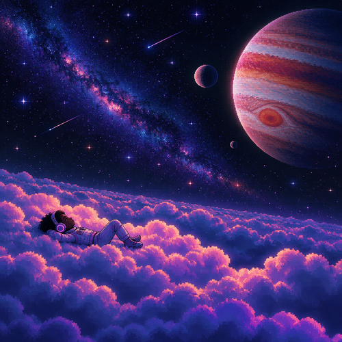 A young girl astronaut with dark skin and headphones lays on her back on top of fluffy clouds beneath the stars with jupiter in the distance. Seen from far away