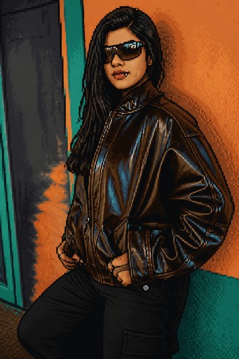 Pixel art of a person in sunglasses and a black leather jacket outdoors.