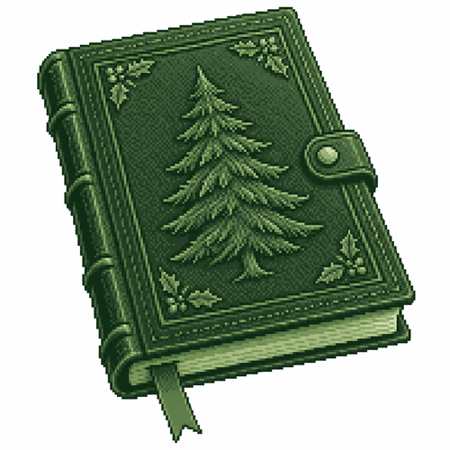 A leather-bound Christmas keepsake journal with an embossed evergreen cover. White background. Realistic 