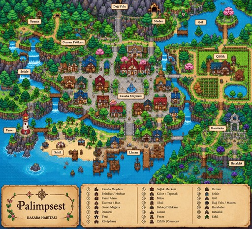 Pixel art island map with forests, buildings, waterways, and a parchment legend.